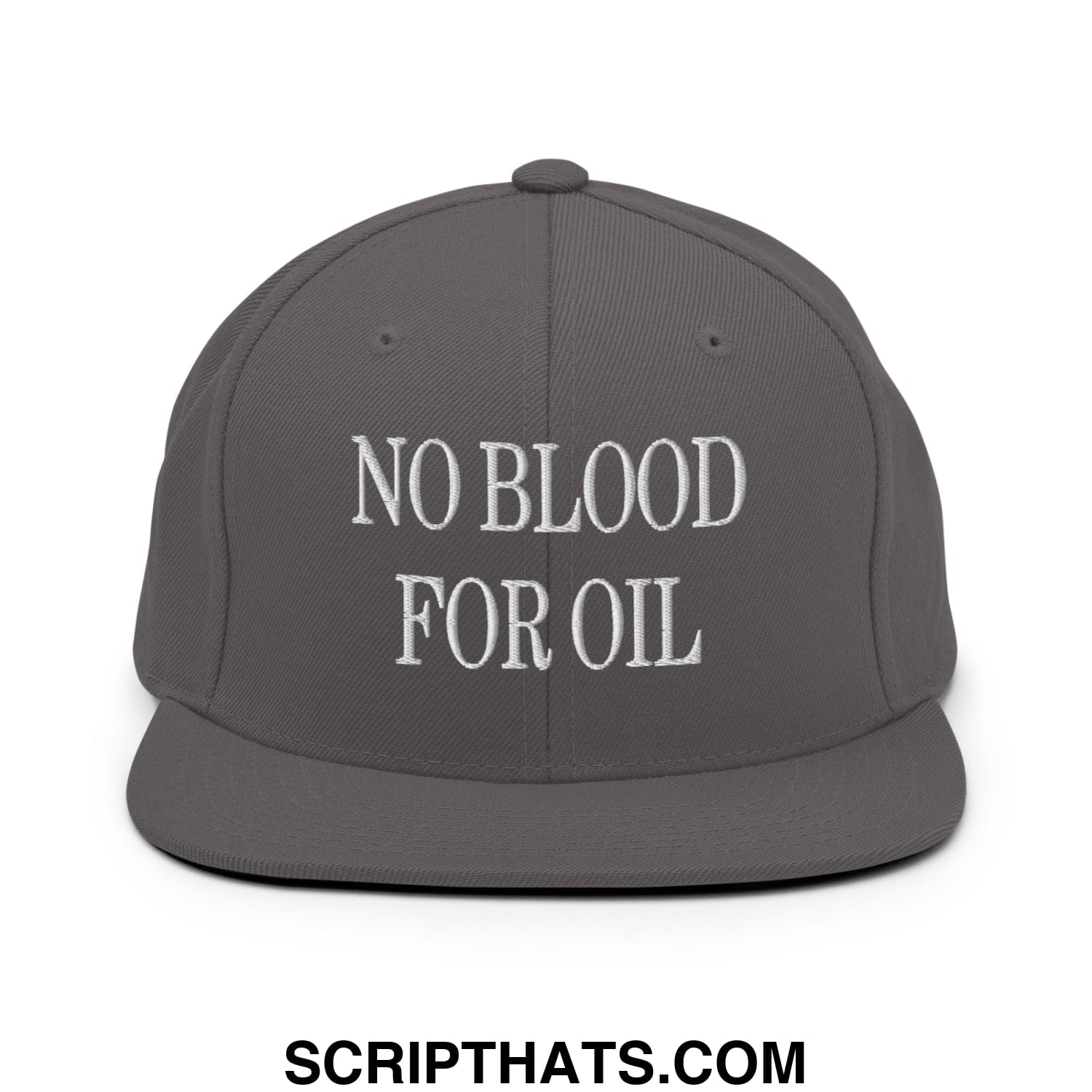 Dark gray snapback hat with white embroidered no blood for oil text and a flat bill brim design