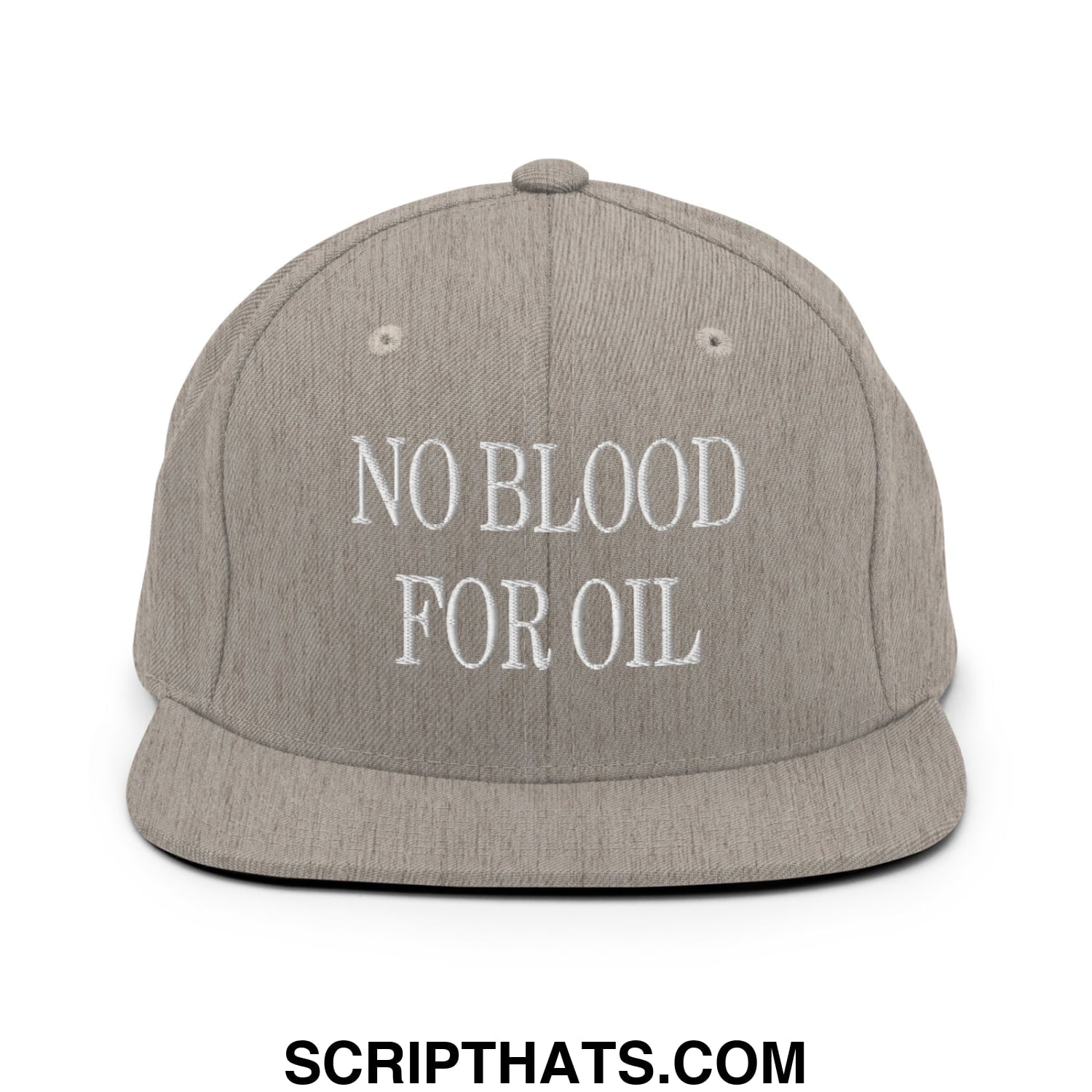 Gray snapback hat with white embroidered no blood for oil text and flat bill brim for casual wear