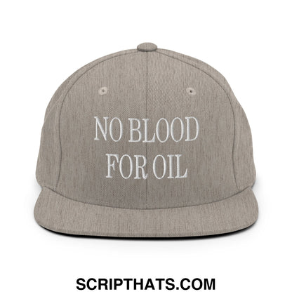 Gray snapback hat with white embroidered no blood for oil text and flat bill brim for casual wear