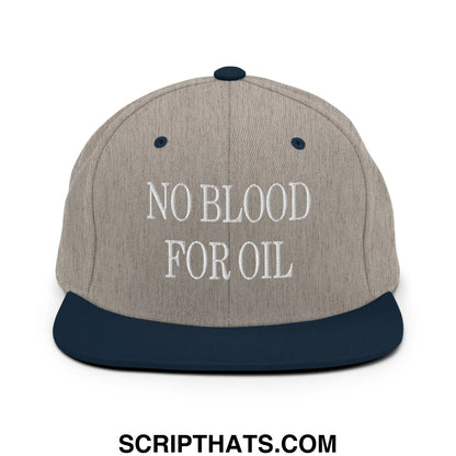 A gray and navy blue snapback hat with white embroidered no blood for oil text on the front flat bill brim