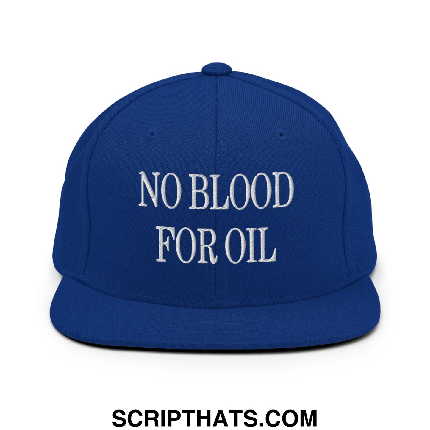 Royal blue flat bill brim snapback hat with white embroidered no blood for oil text for casual wear