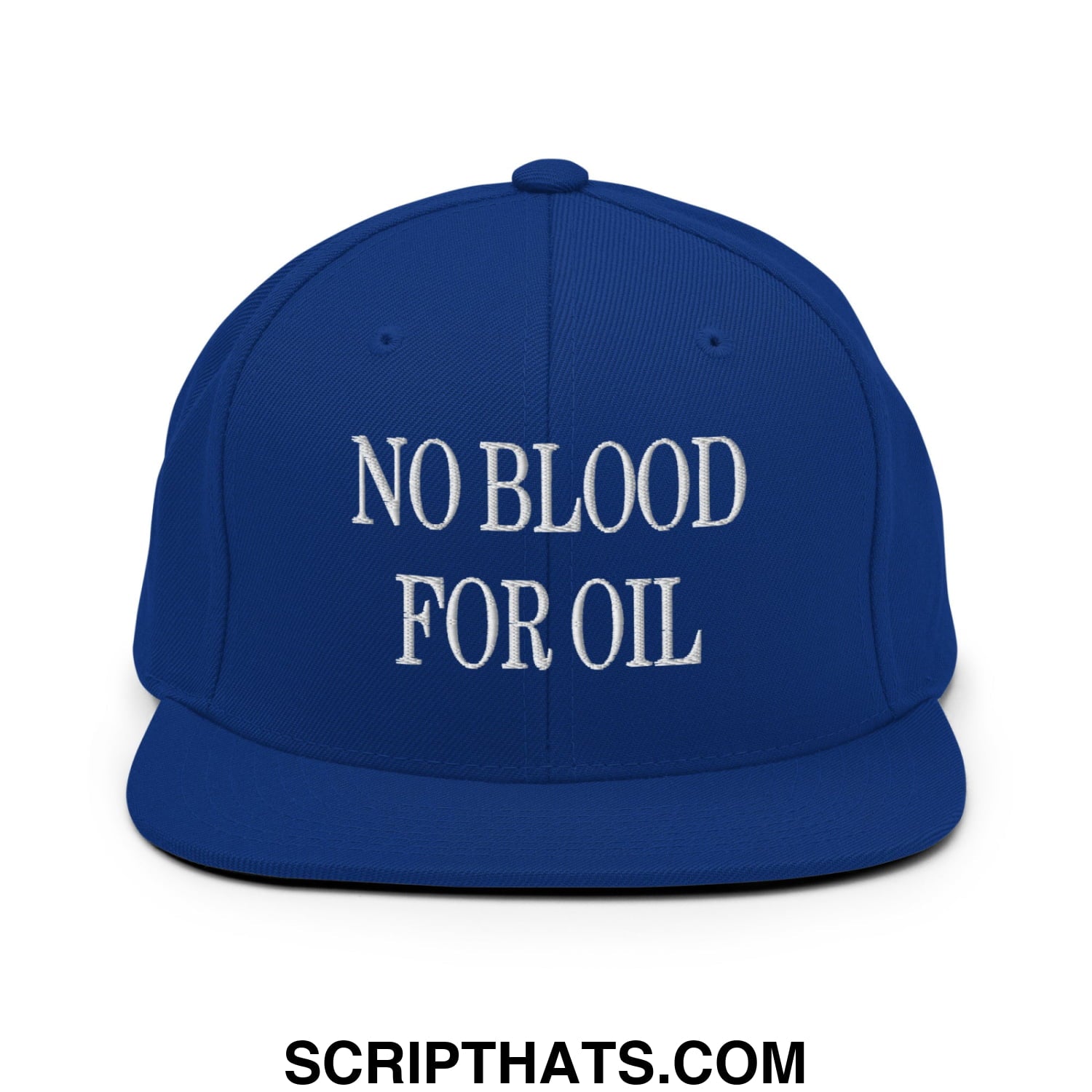 Royal blue flat bill brim snapback hat with white embroidered no blood for oil text for casual wear