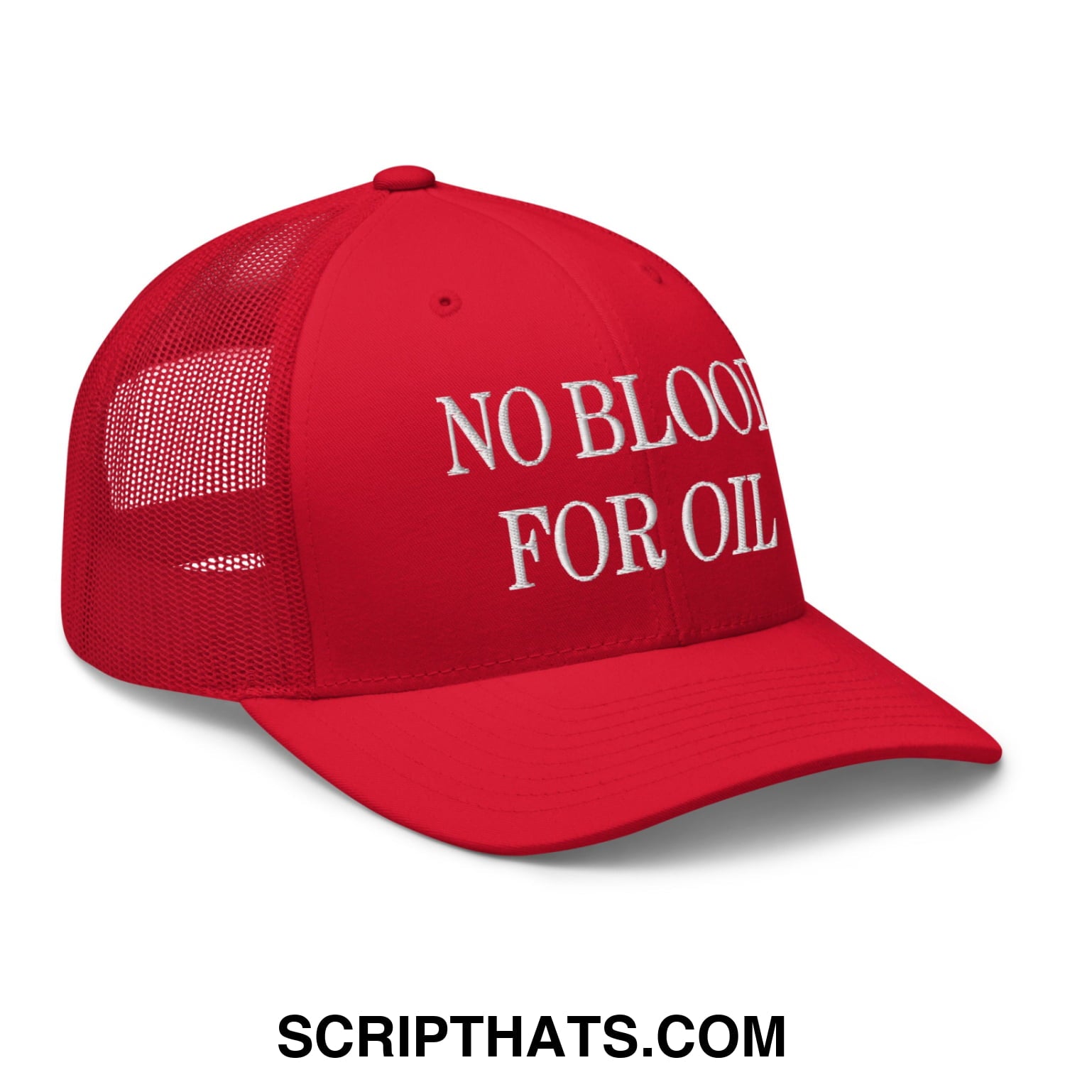 Red mesh trucker hat with white embroidered no blood for oil text on the front panel for casual wear