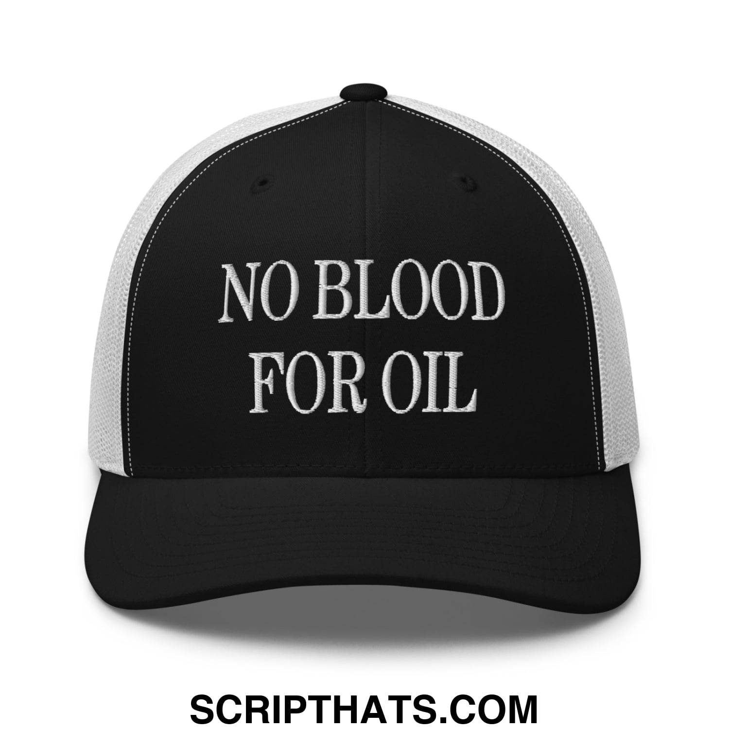 Black and white mesh trucker hat with bold serif embroidered no blood for oil text on front panel