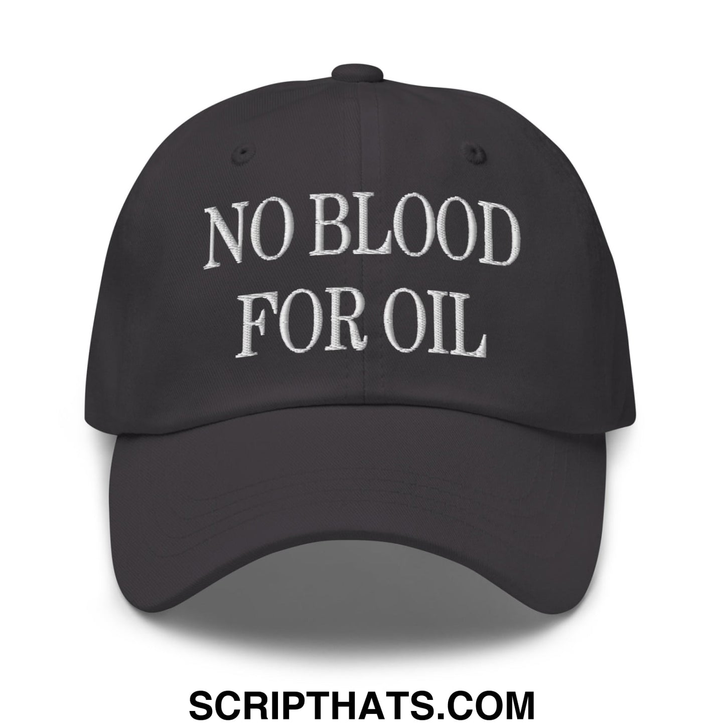 Black no blood for oil embroidered unstructured dad hat with white text for casual wear
