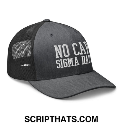 Black embroidered mesh trucker hat with white no cap sigma dad text on the front panel for casual wear