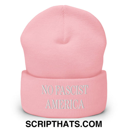 No Fascist America Embroidered Cuffed Knit Beanie Baby Pink