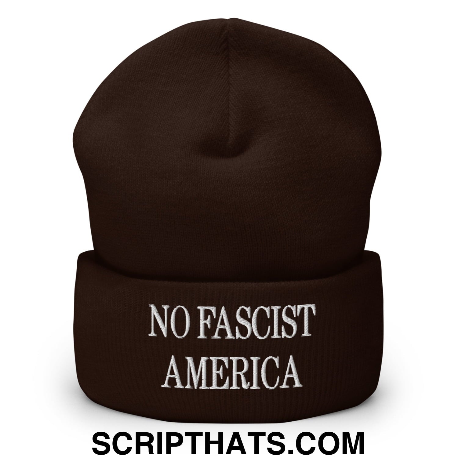 No Fascist America Embroidered Cuffed Knit Beanie Brown