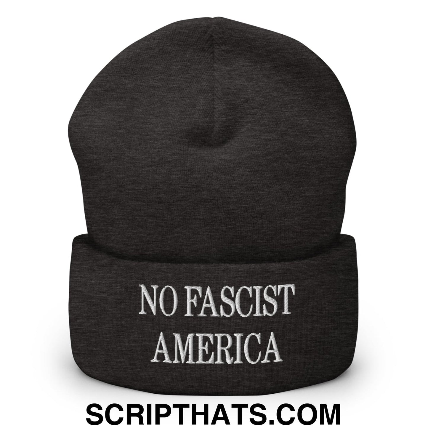 No Fascist America Embroidered Cuffed Knit Beanie Dark Grey