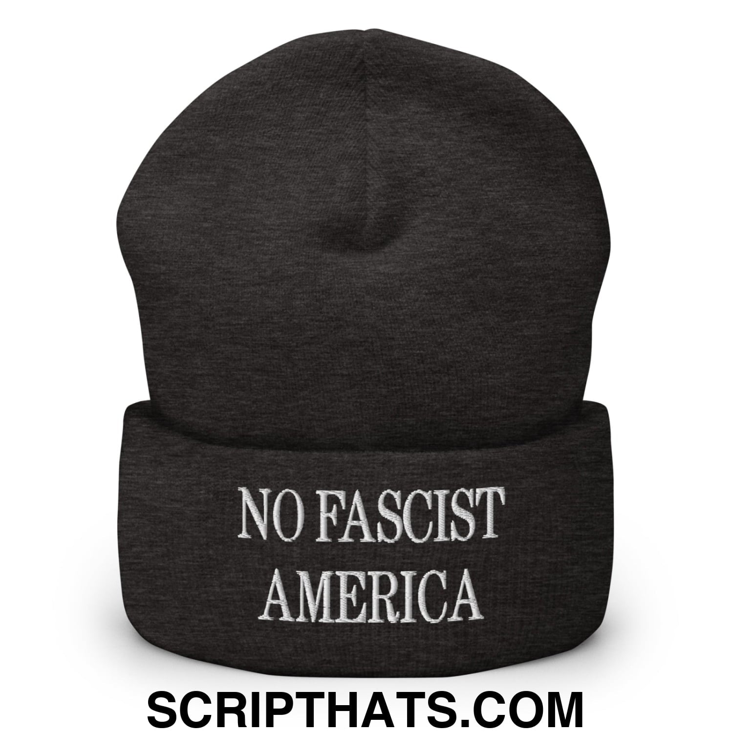 No Fascist America Embroidered Cuffed Knit Beanie Dark Grey