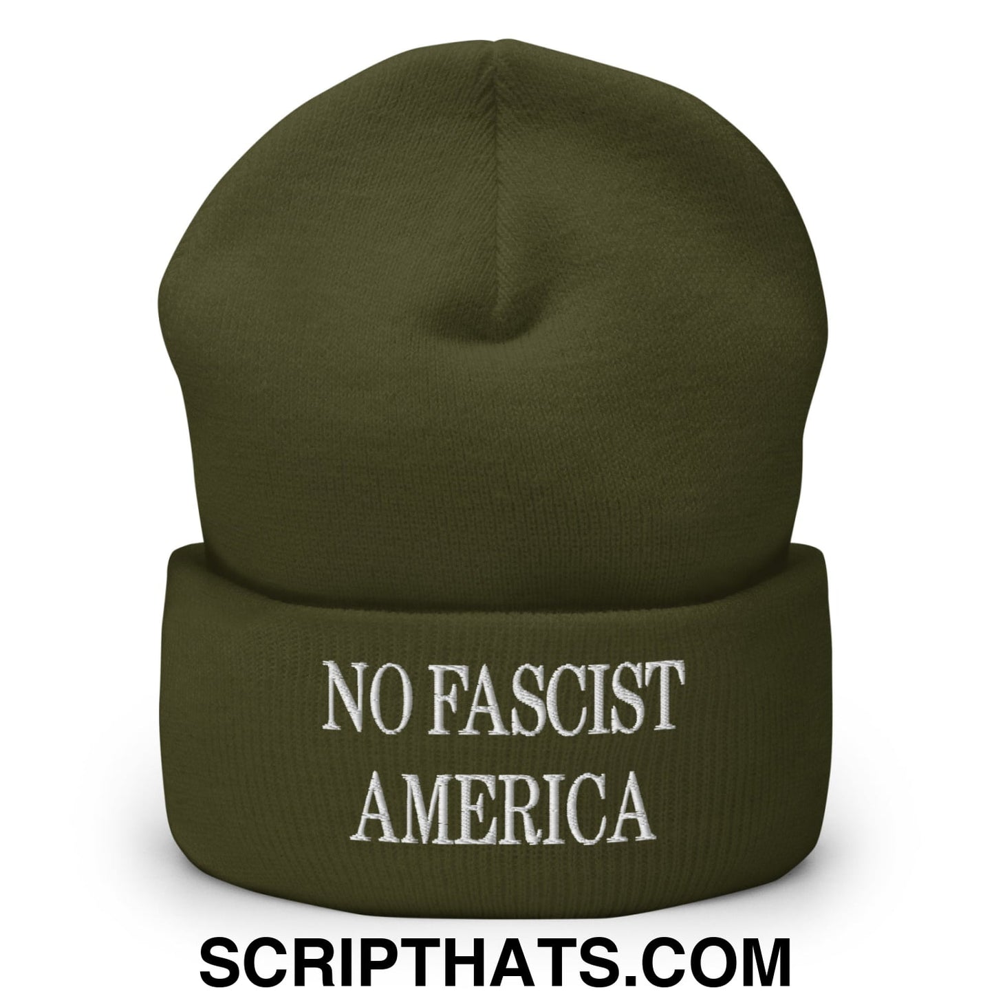 No Fascist America Embroidered Cuffed Knit Beanie Olive