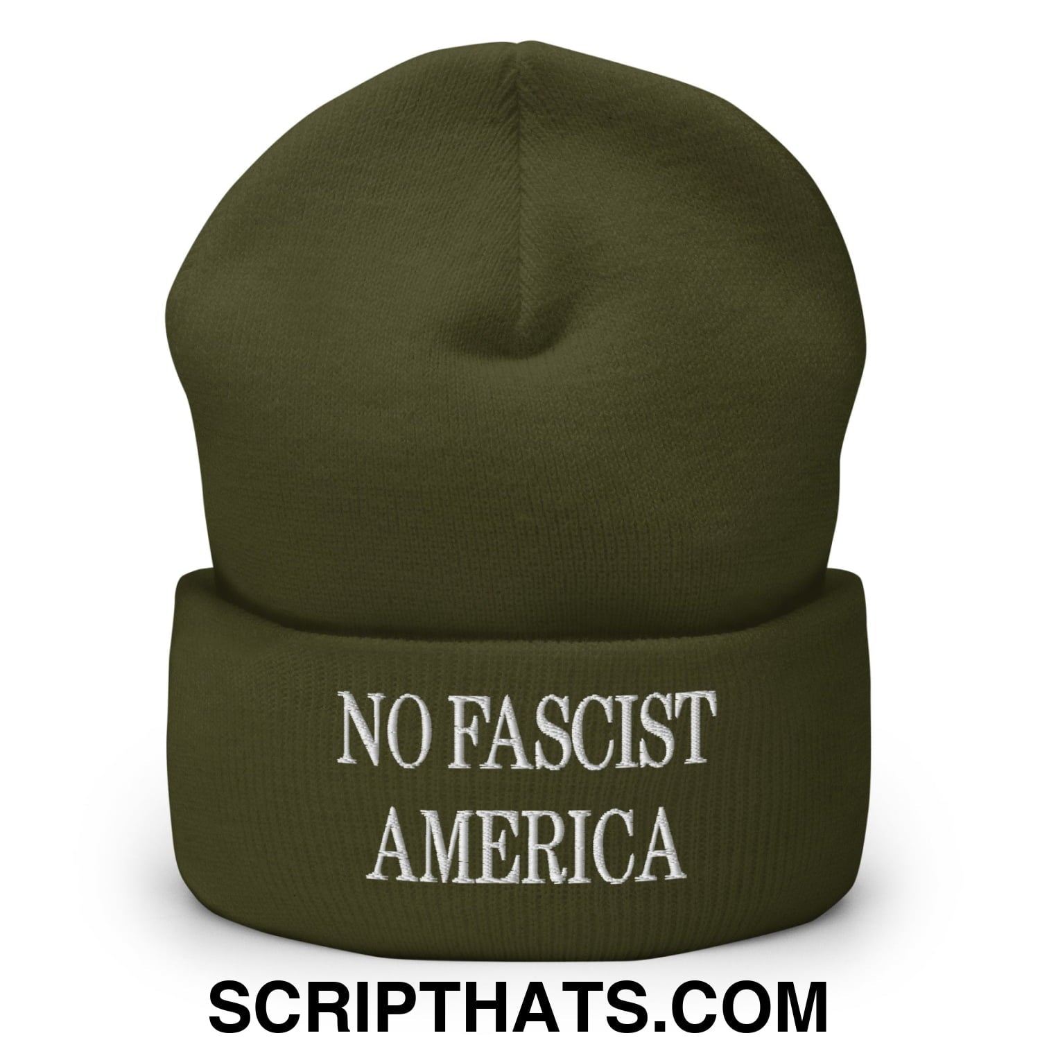 No Fascist America Embroidered Cuffed Knit Beanie Olive