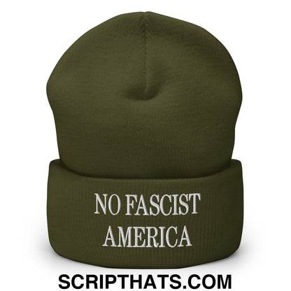 No Fascist America Embroidered Cuffed Knit Beanie Olive