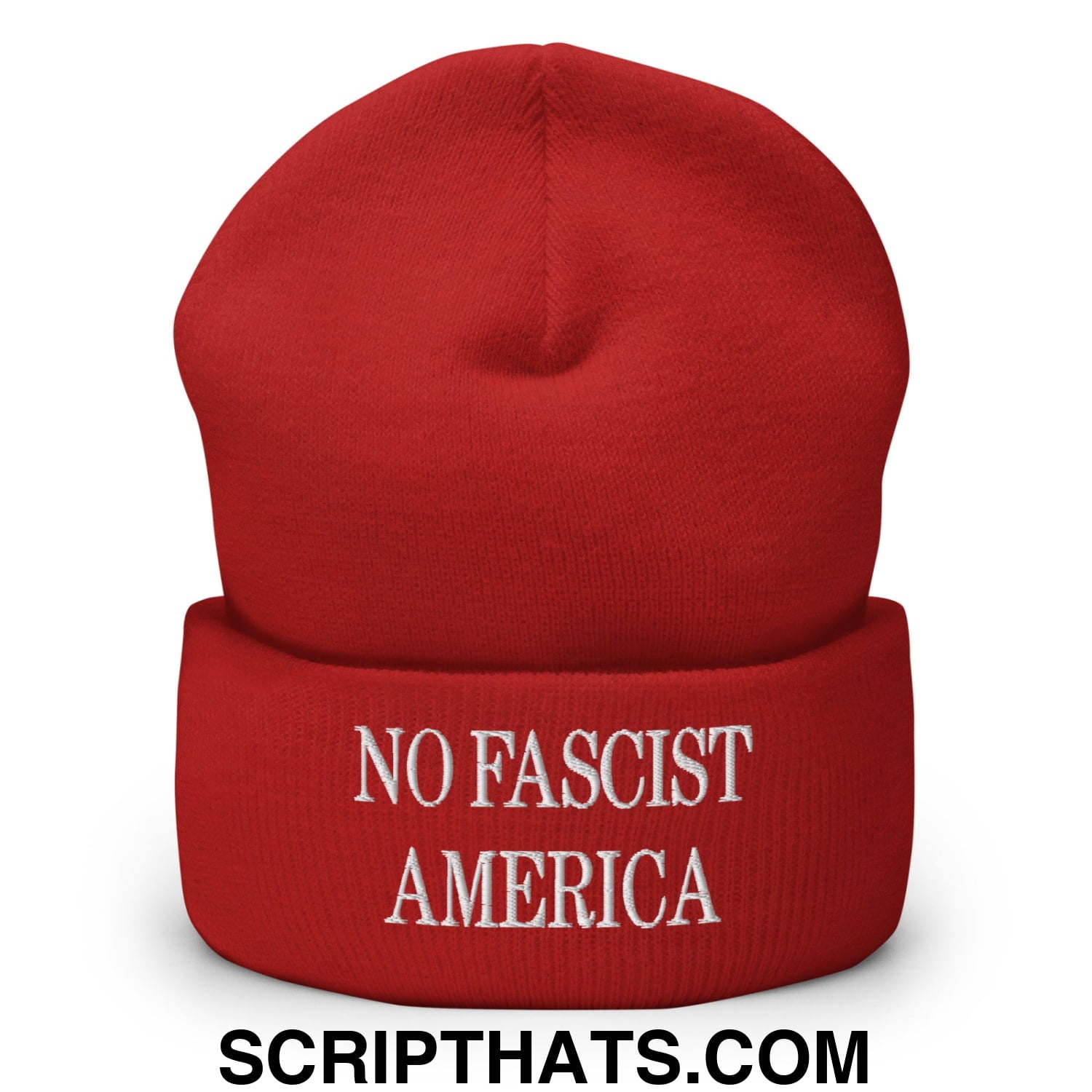 No Fascist America Embroidered Cuffed Knit Beanie Red