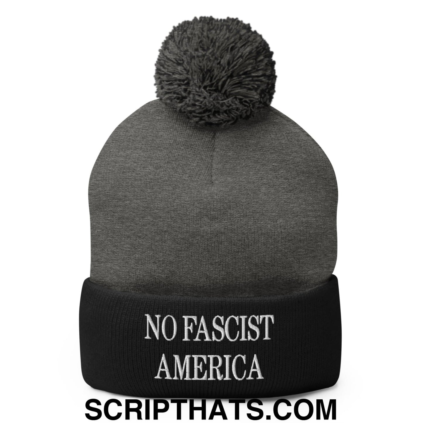 No Fascist America Embroidered Pom Pom Knit Beanie Dark Heather Grey Black