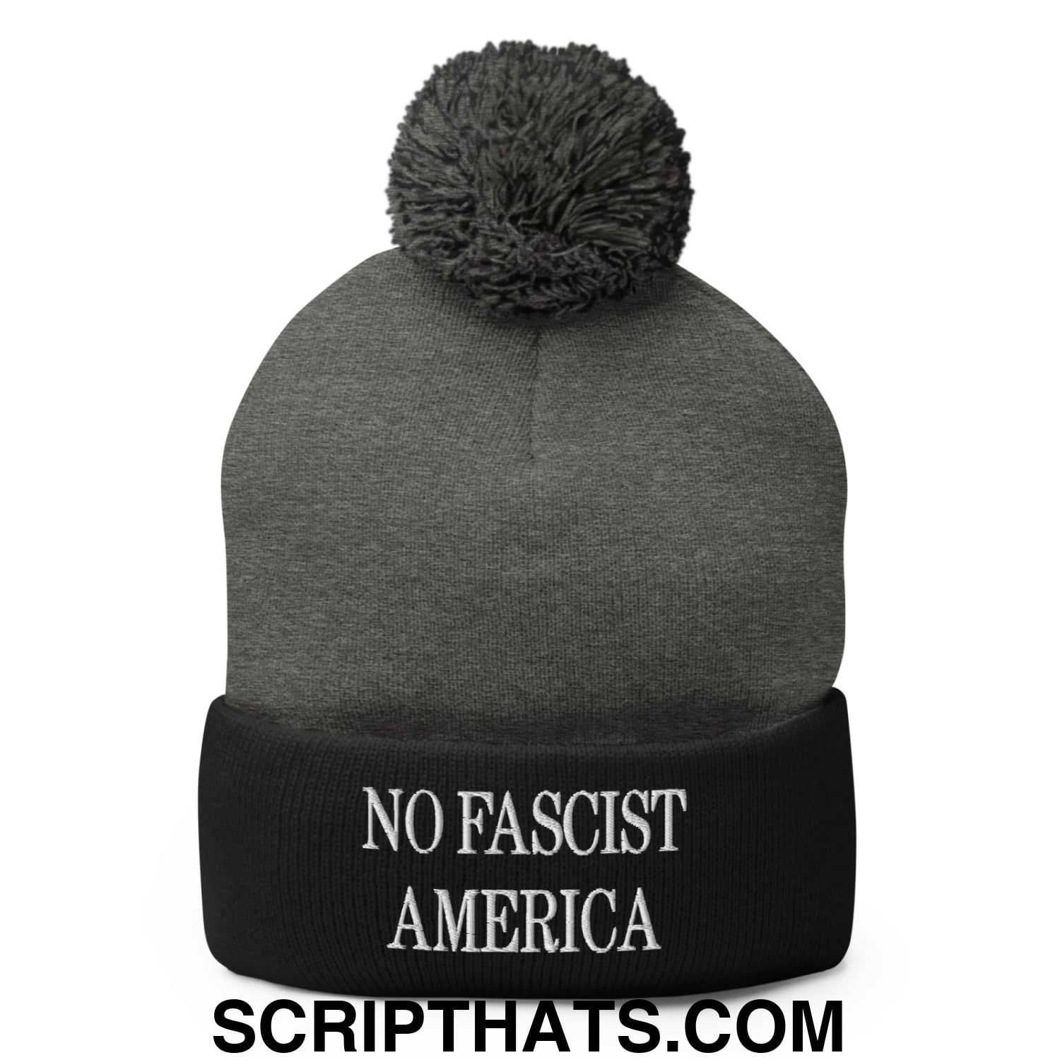 No Fascist America Embroidered Pom Pom Knit Beanie Dark Heather Grey Black