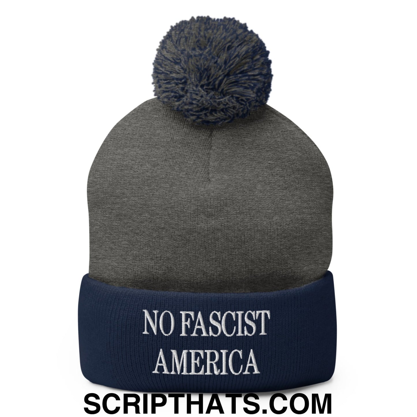 No Fascist America Embroidered Pom Pom Knit Beanie Dark Heather Grey Navy
