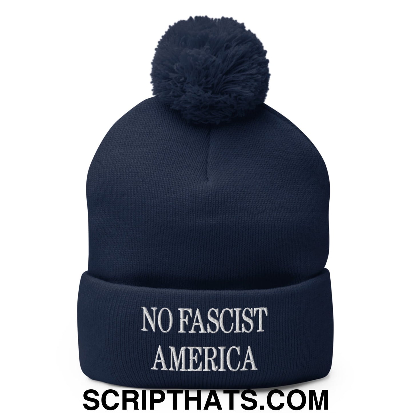 No Fascist America Embroidered Pom Pom Knit Beanie Navy