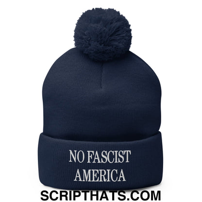 No Fascist America Embroidered Pom Pom Knit Beanie Navy