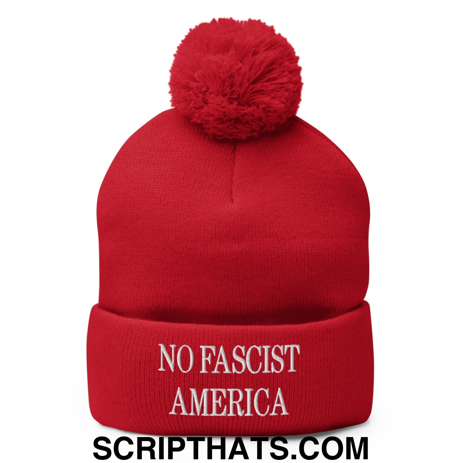 No Fascist America Embroidered Pom Pom Knit Beanie Red