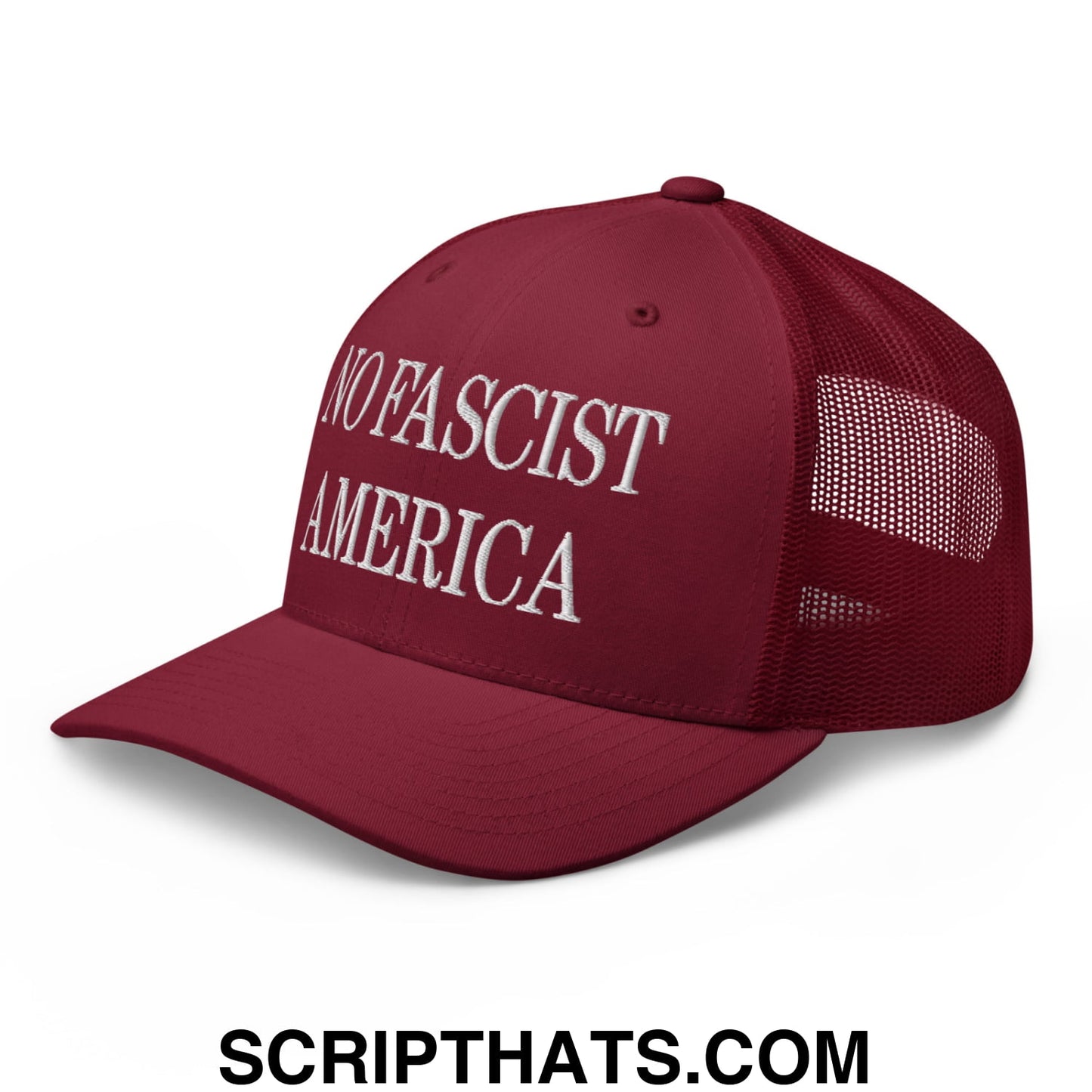 No Fascist America Embroidered Retro Mesh Trucker Hat Cranberry