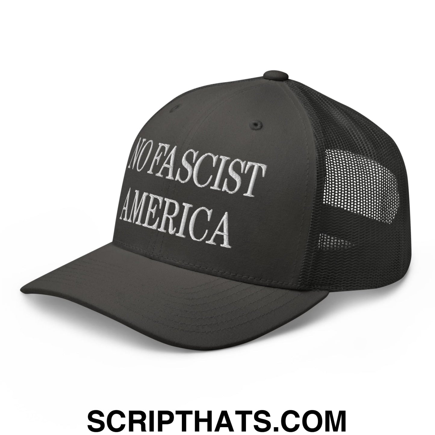No Fascist America Embroidered Retro Mesh Trucker Hat Charcoal