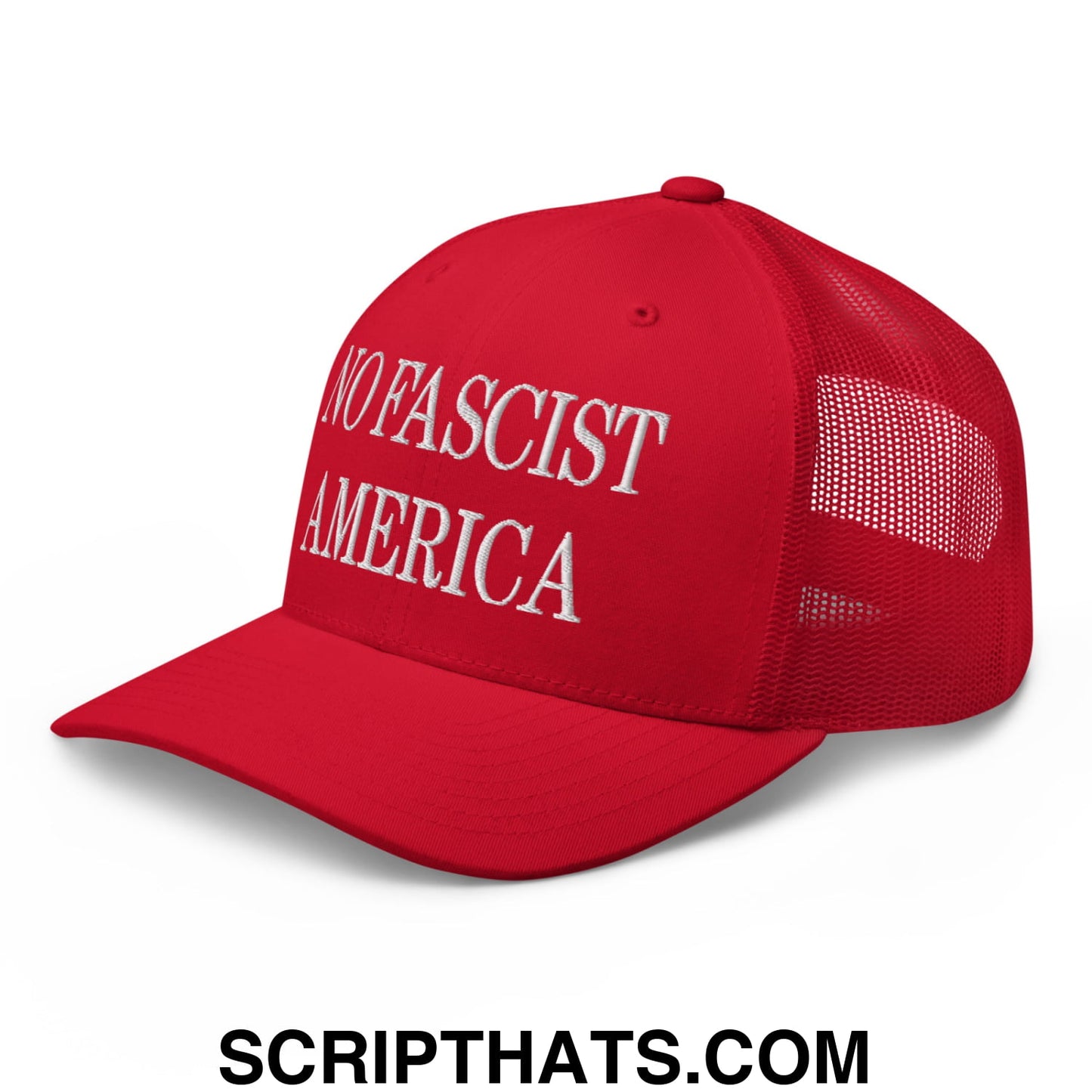 No Fascist America Embroidered Retro Mesh Trucker Hat Red