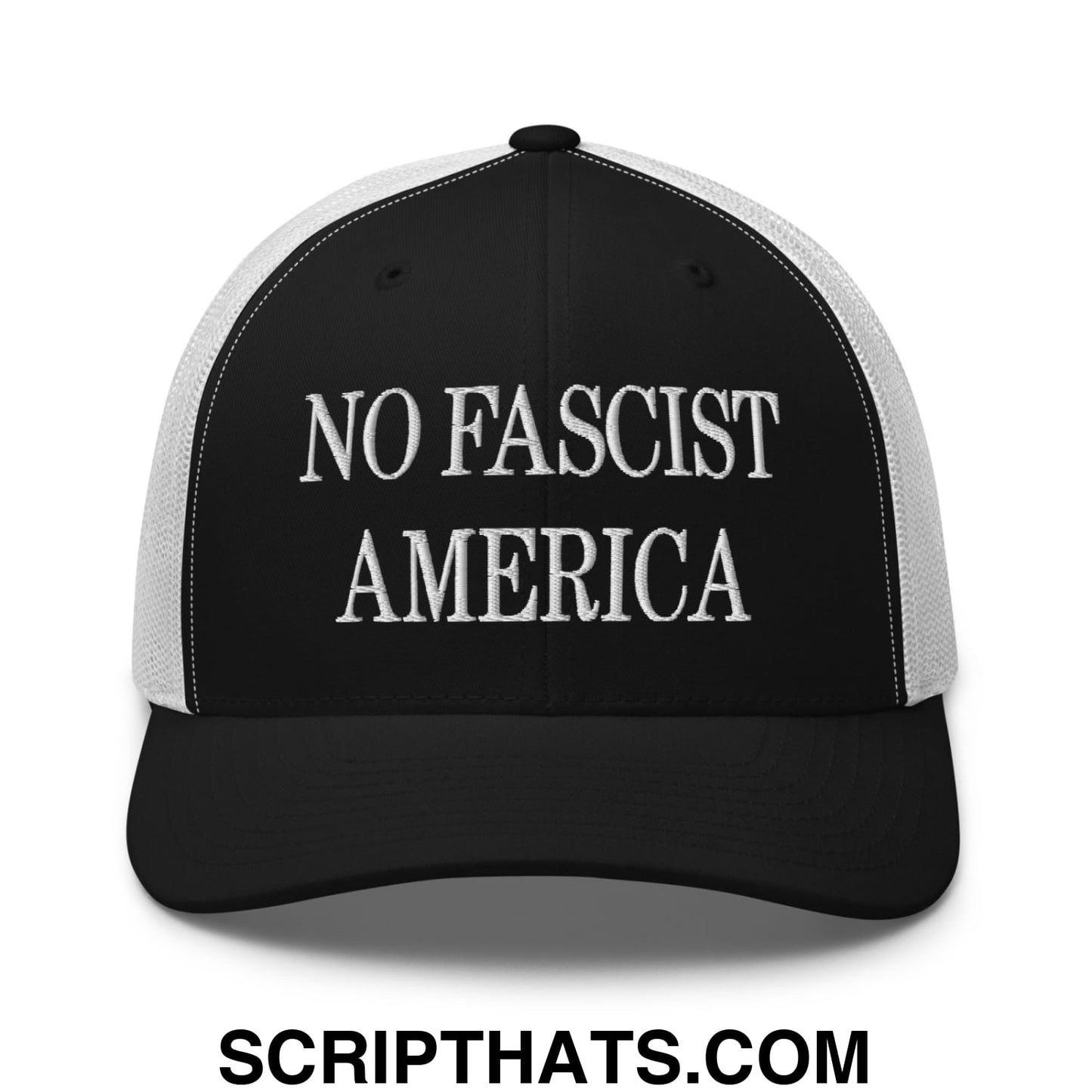 No Fascist America Embroidered Retro Mesh Trucker Hat Black White