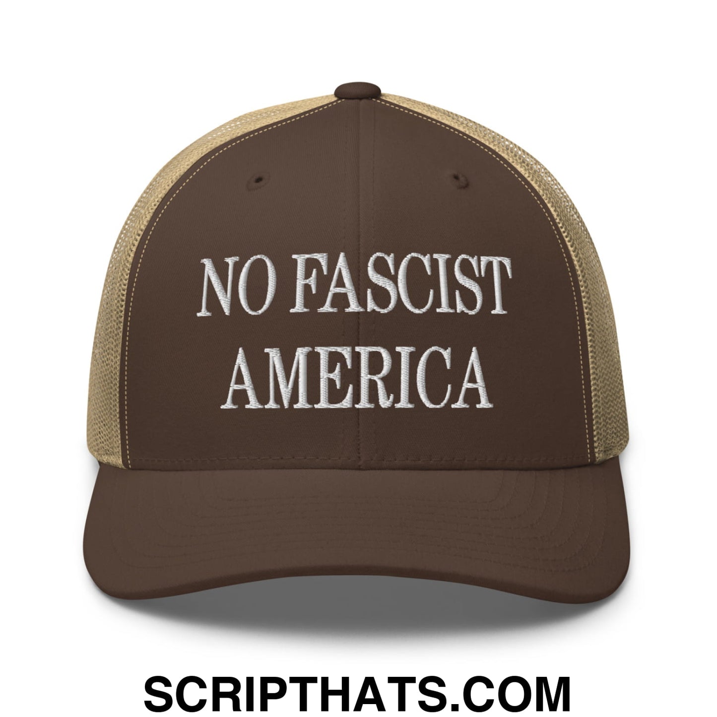 No Fascist America Embroidered Retro Mesh Trucker Hat Brown Khaki