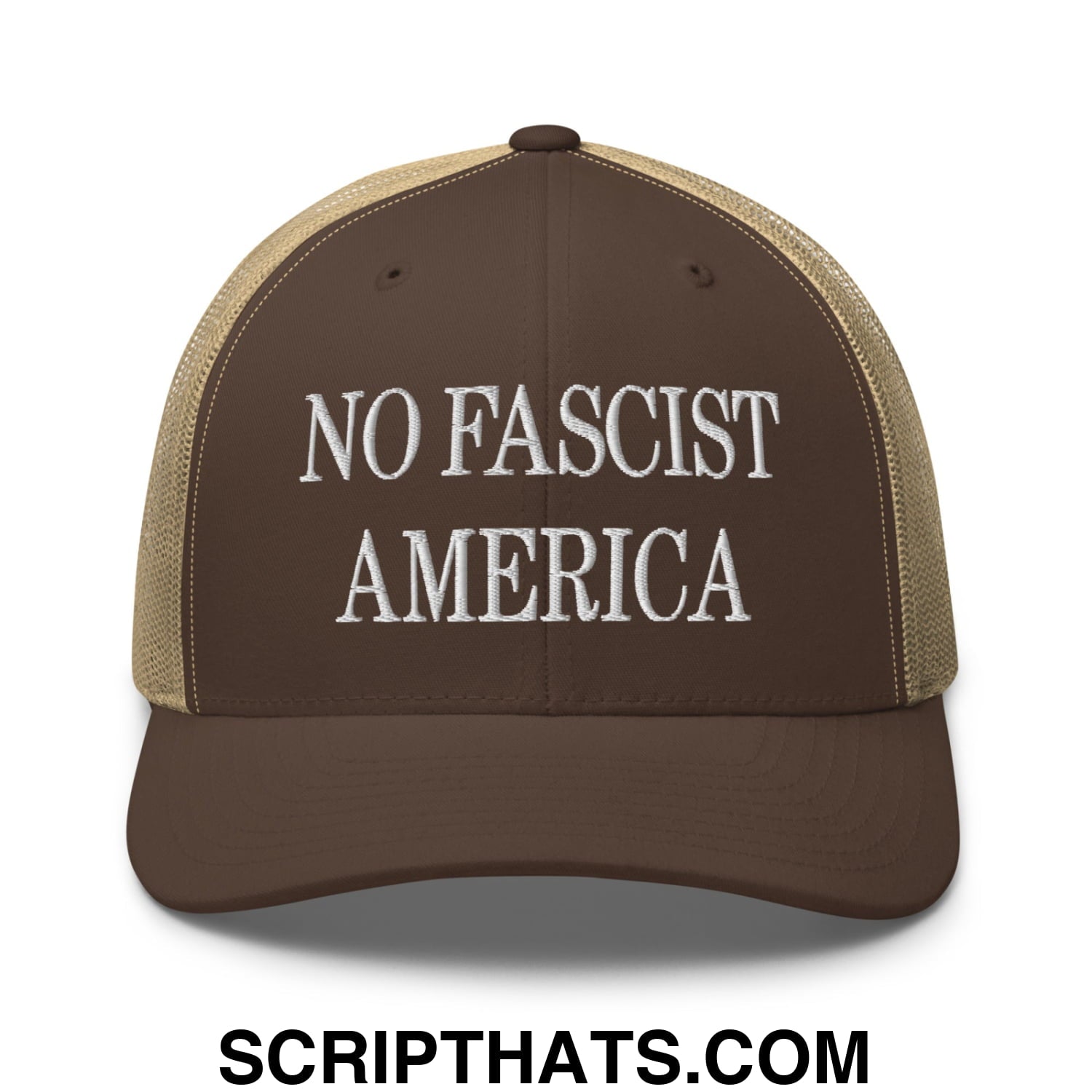 No Fascist America Embroidered Retro Mesh Trucker Hat Brown Khaki