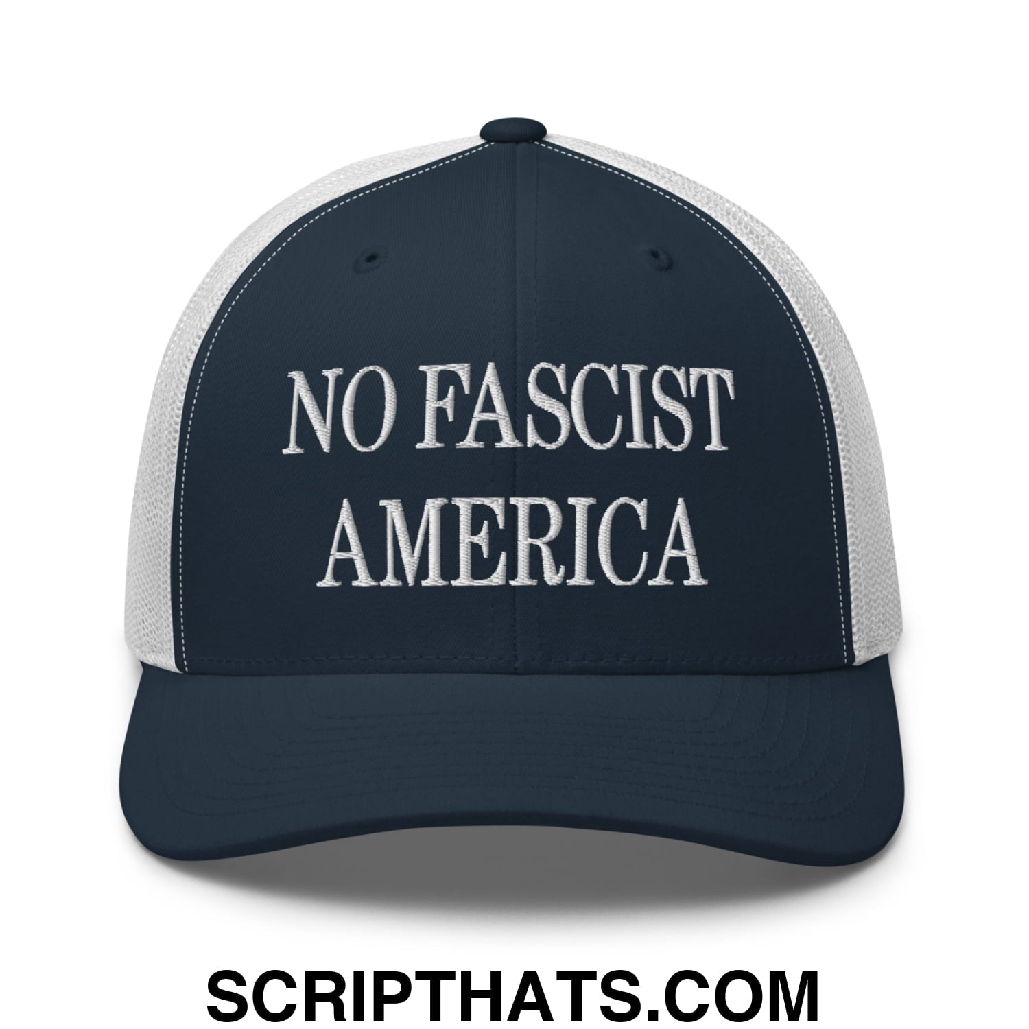 No Fascist America Embroidered Retro Mesh Trucker Hat Navy White
