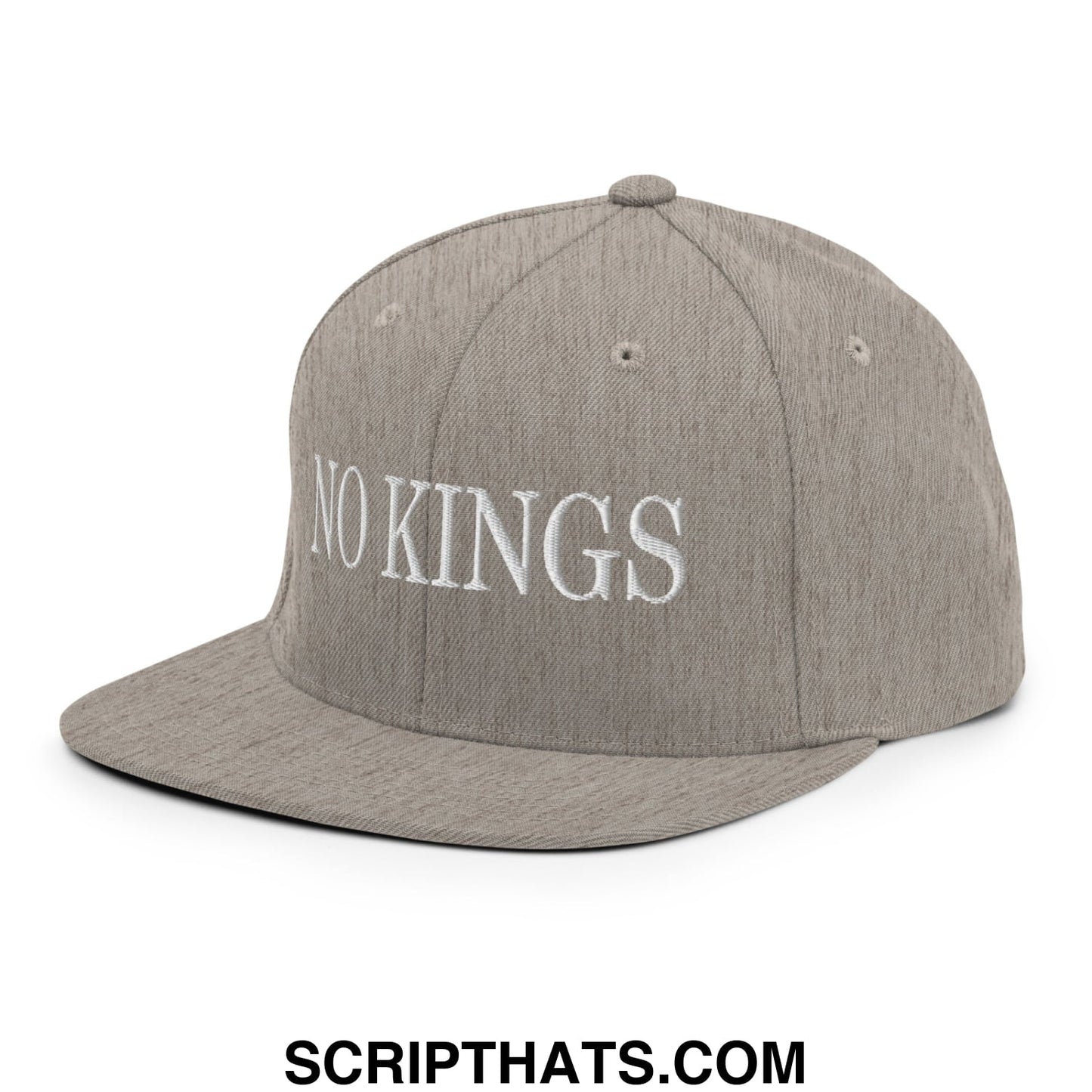 No Kings Embroidered Flat Bill Brim Snapback Hat Heather Grey