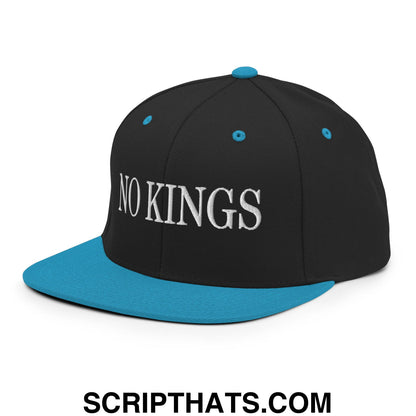 No Kings Embroidered Flat Bill Brim Snapback Hat Black Teal