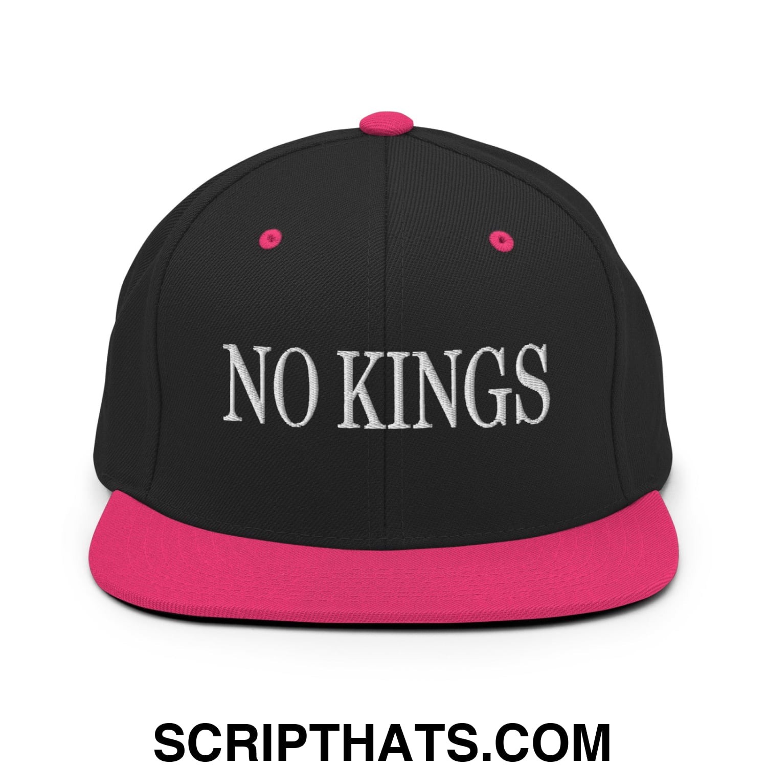 No Kings Embroidered Flat Bill Brim Snapback Hat Black Neon Pink