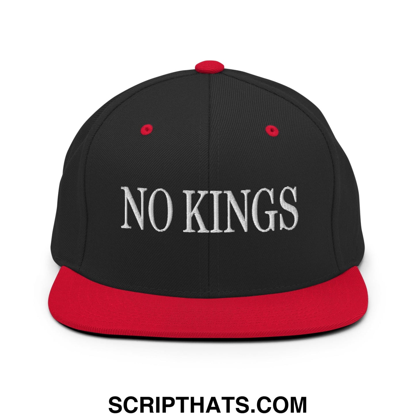 No Kings Embroidered Flat Bill Brim Snapback Hat Black Red