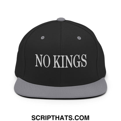 No Kings Embroidered Flat Bill Brim Snapback Hat Black Silver