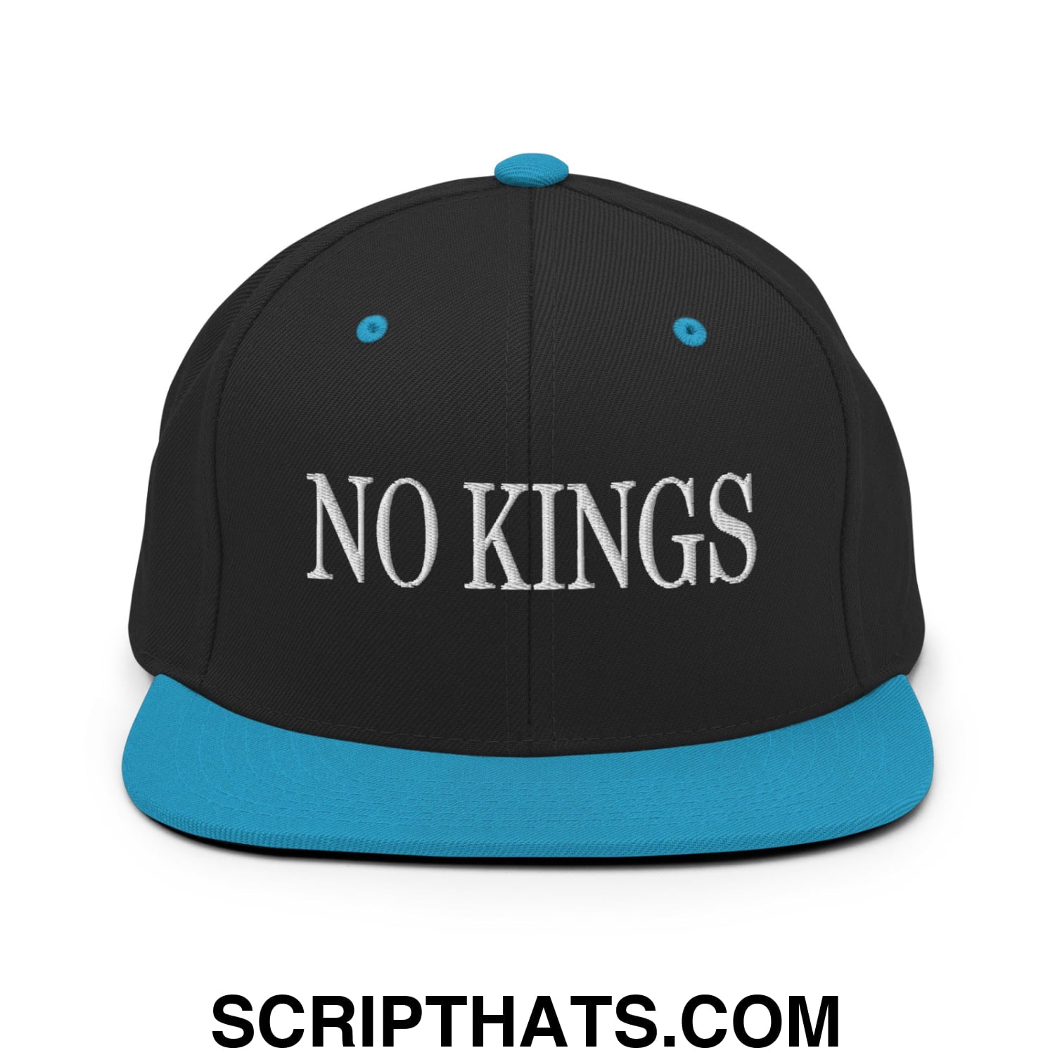 No Kings Embroidered Flat Bill Brim Snapback Hat Black Teal