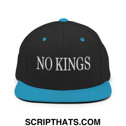 No Kings Embroidered Flat Bill Brim Snapback Hat Black Teal