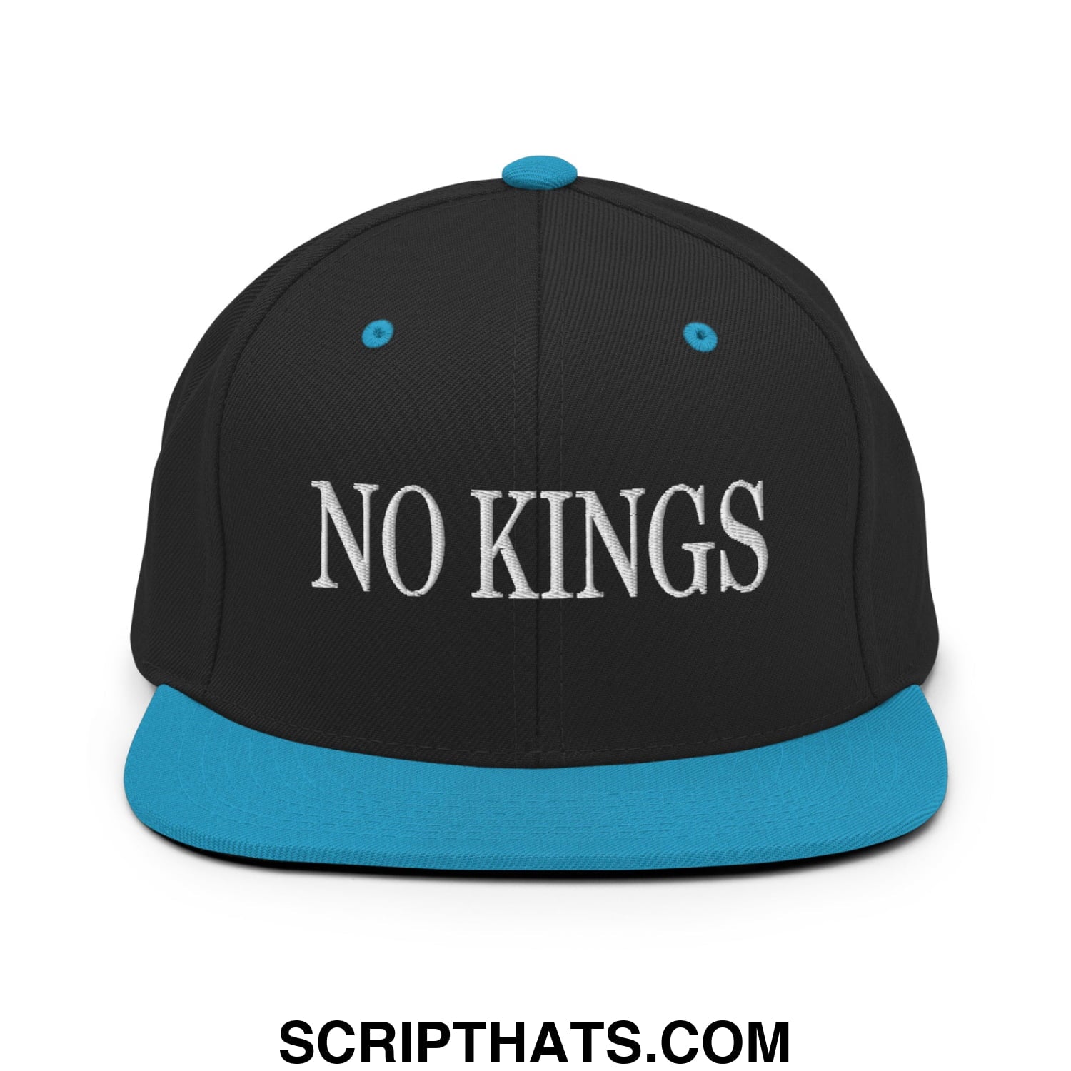 No Kings Embroidered Flat Bill Brim Snapback Hat Black Teal