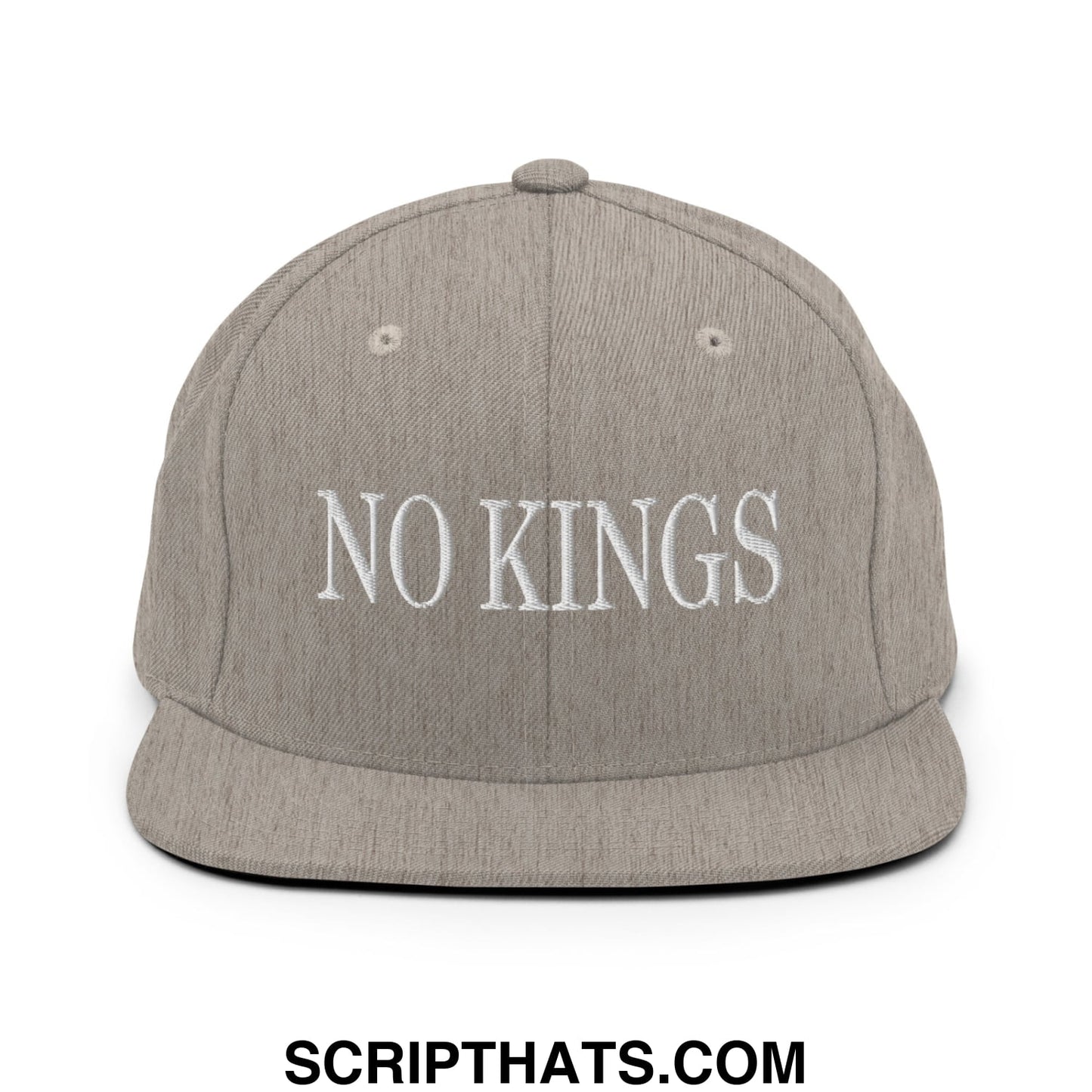 No Kings Embroidered Flat Bill Brim Snapback Hat Heather Grey