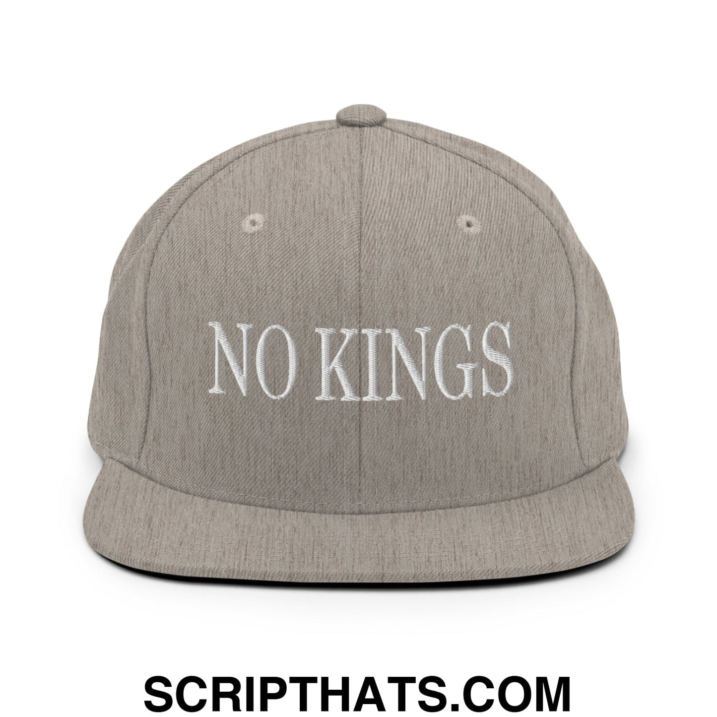 No Kings Embroidered Flat Bill Brim Snapback Hat Heather Grey