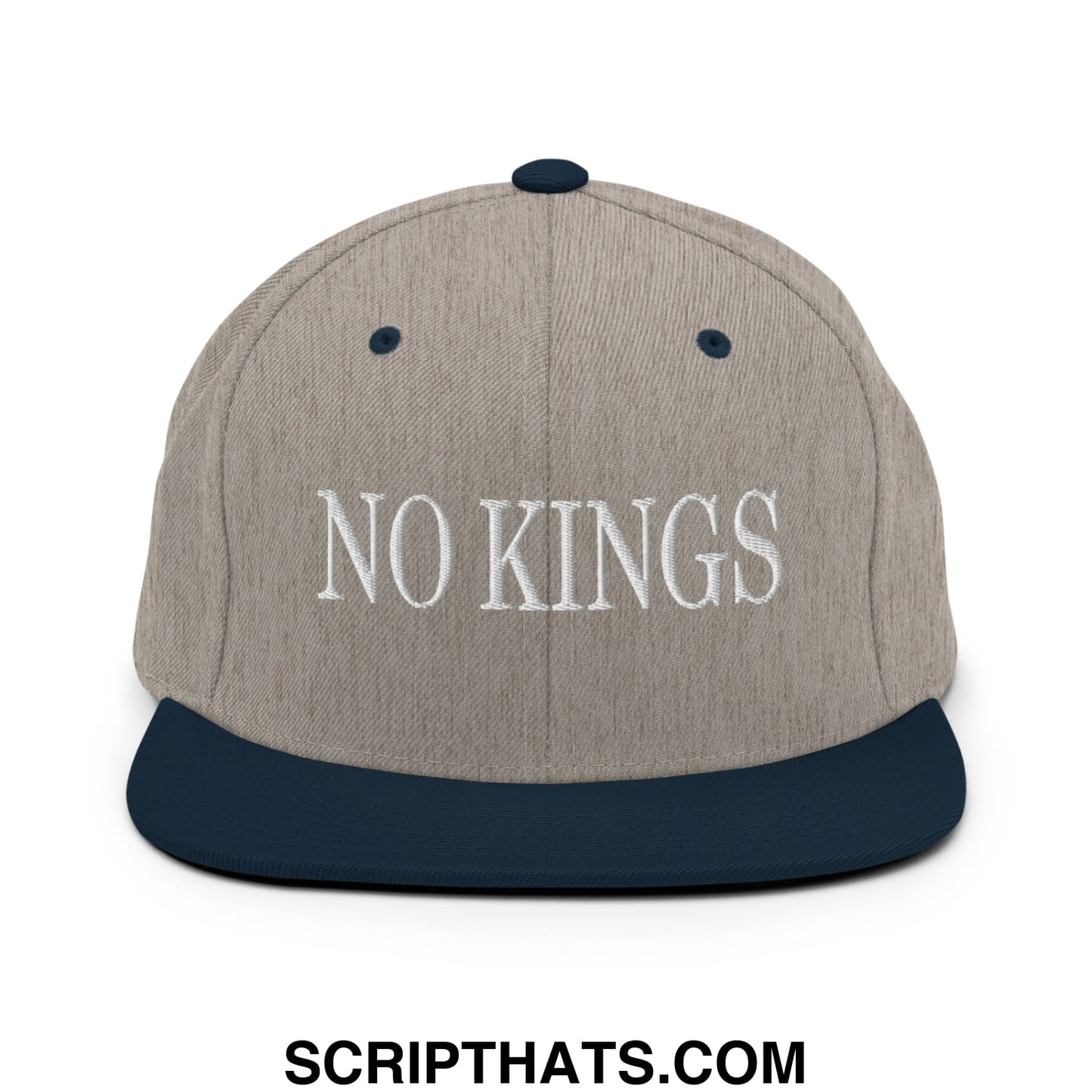 No Kings Embroidered Flat Bill Brim Snapback Hat Heather Grey Navy