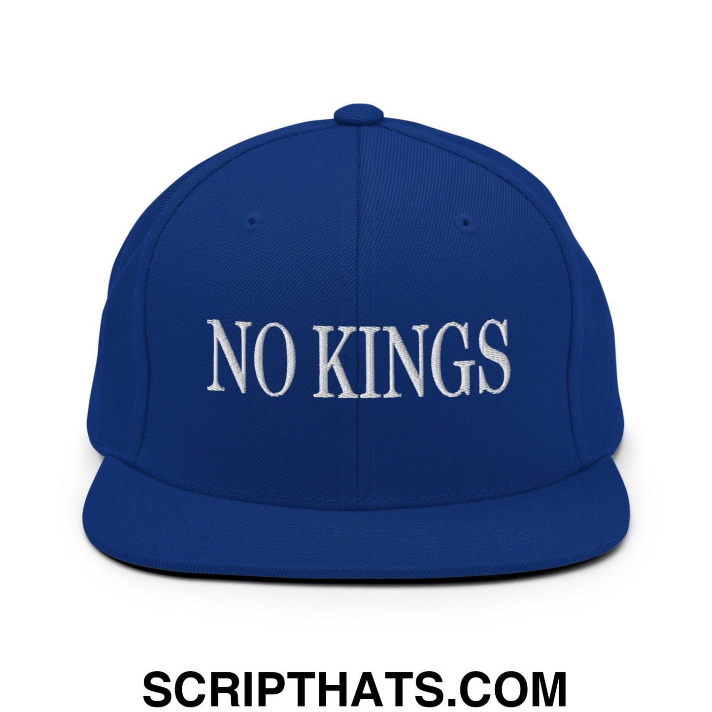 No Kings Embroidered Flat Bill Brim Snapback Hat Royal Blue