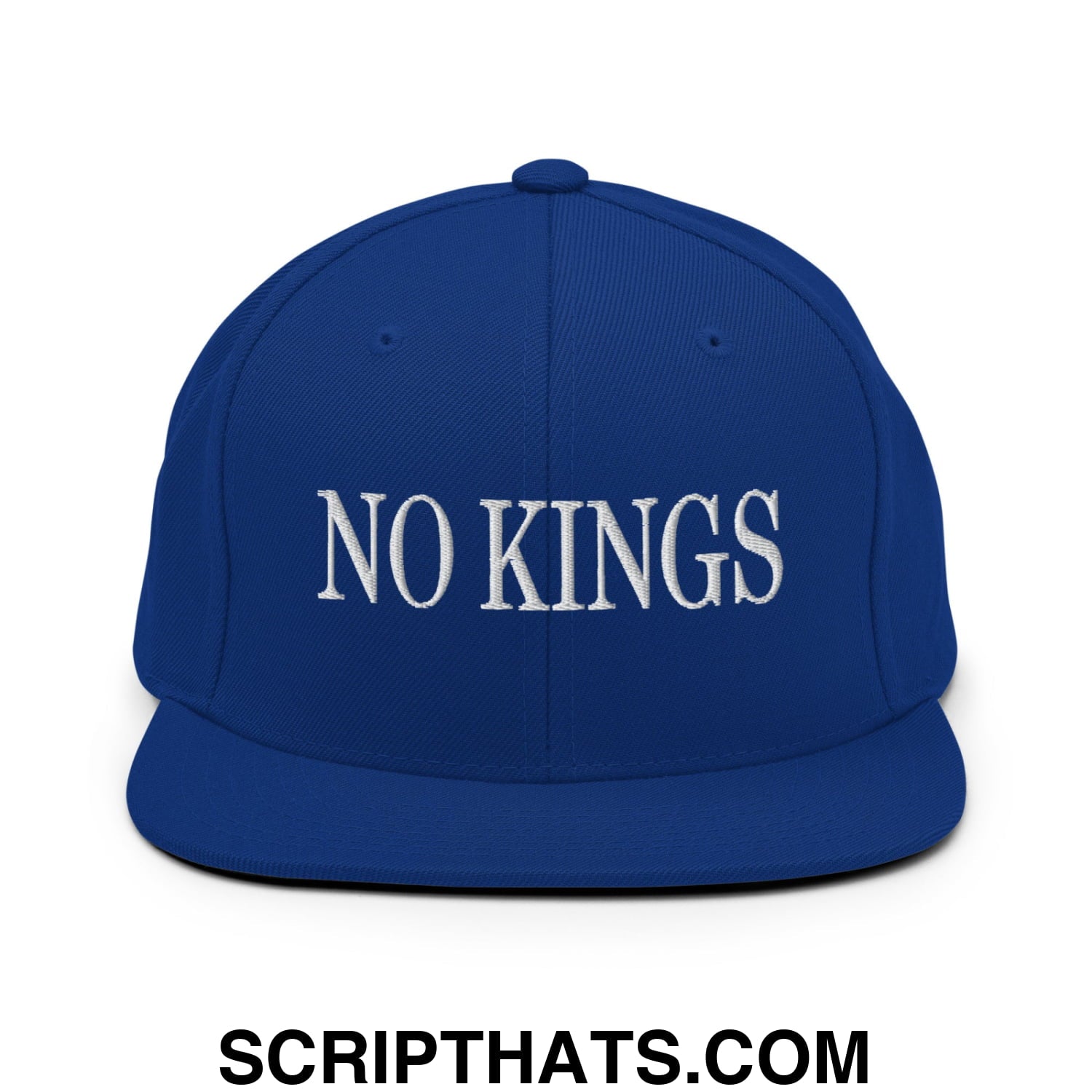 No Kings Embroidered Flat Bill Brim Snapback Hat Royal Blue