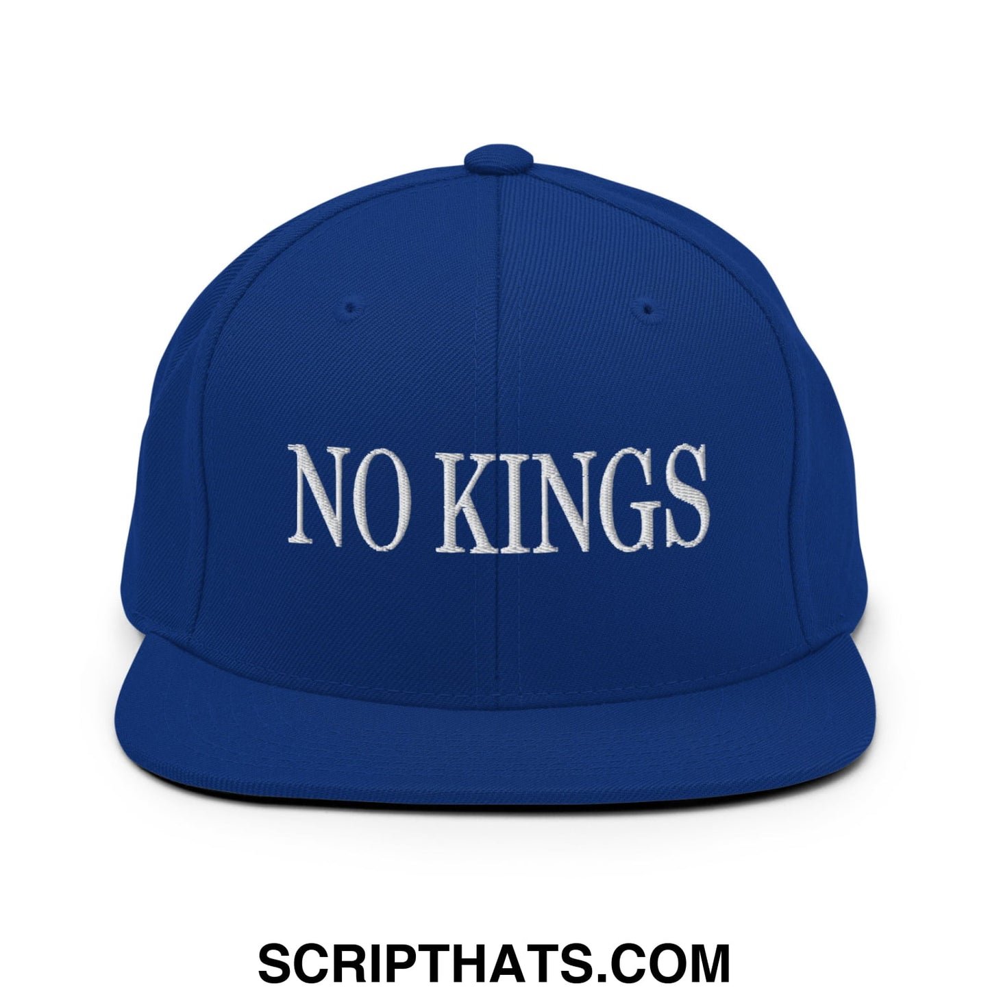No Kings Embroidered Flat Bill Brim Snapback Hat Royal Blue