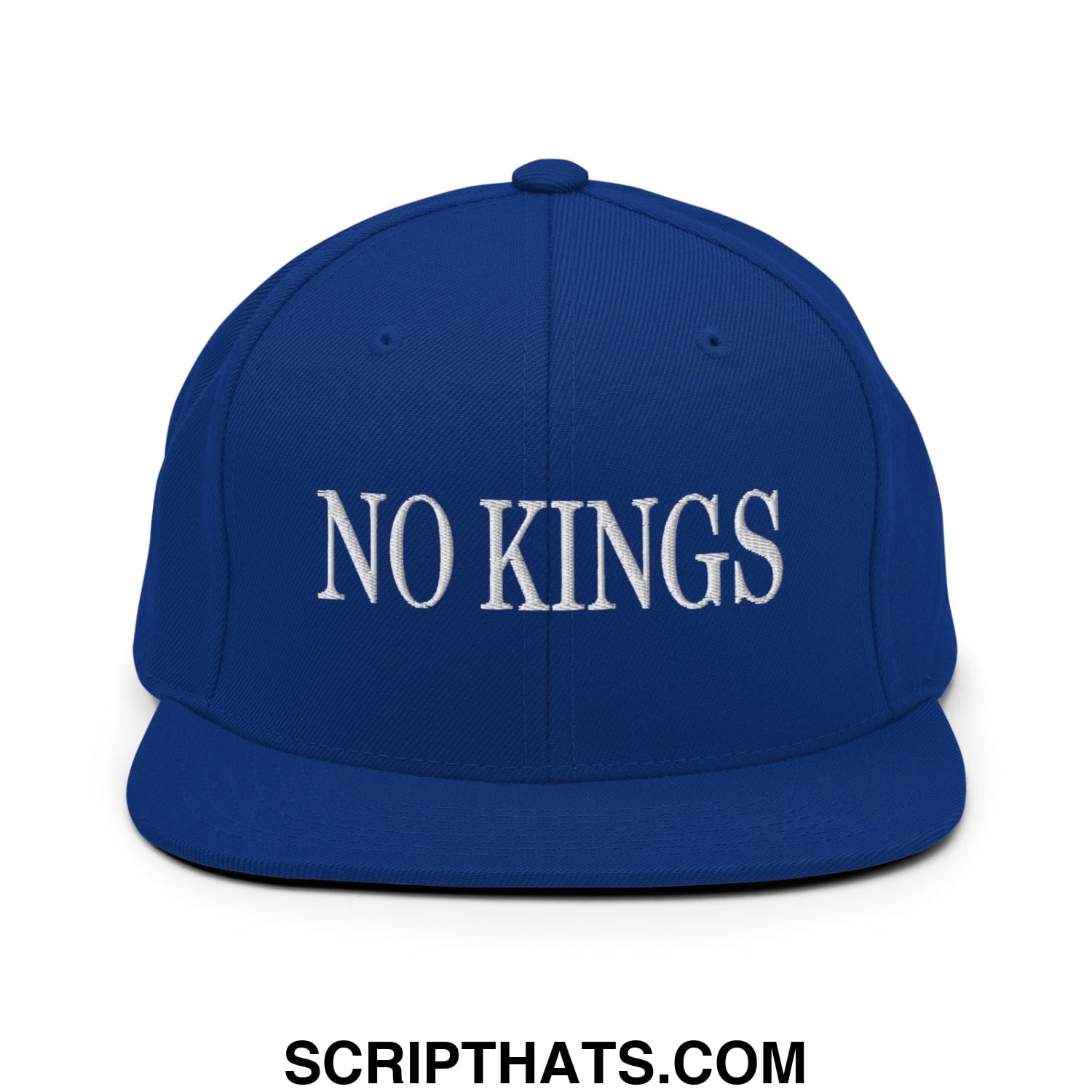 No Kings Embroidered Flat Bill Brim Snapback Hat Royal Blue