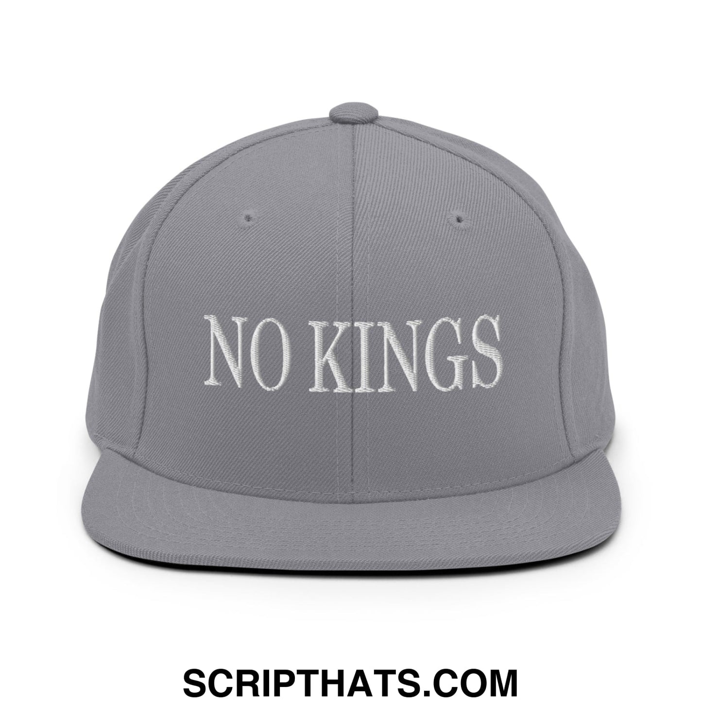 No Kings Embroidered Flat Bill Brim Snapback Hat Silver
