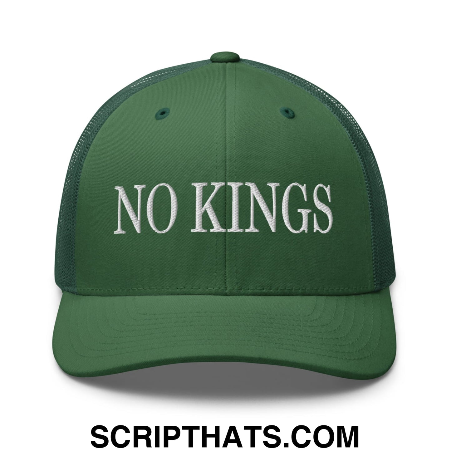 No Kings Embroidered Mesh Trucker Hat Evergreen