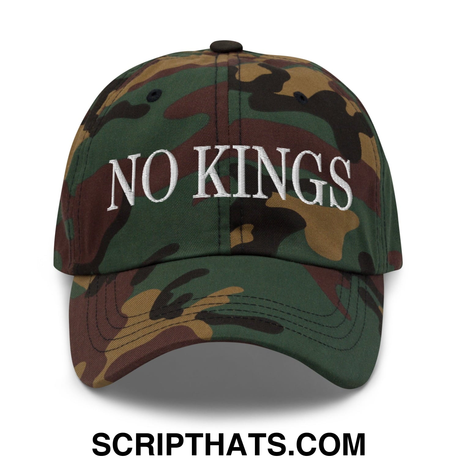 No Kings Embroidered Unstructured Dad Hat Green Camo