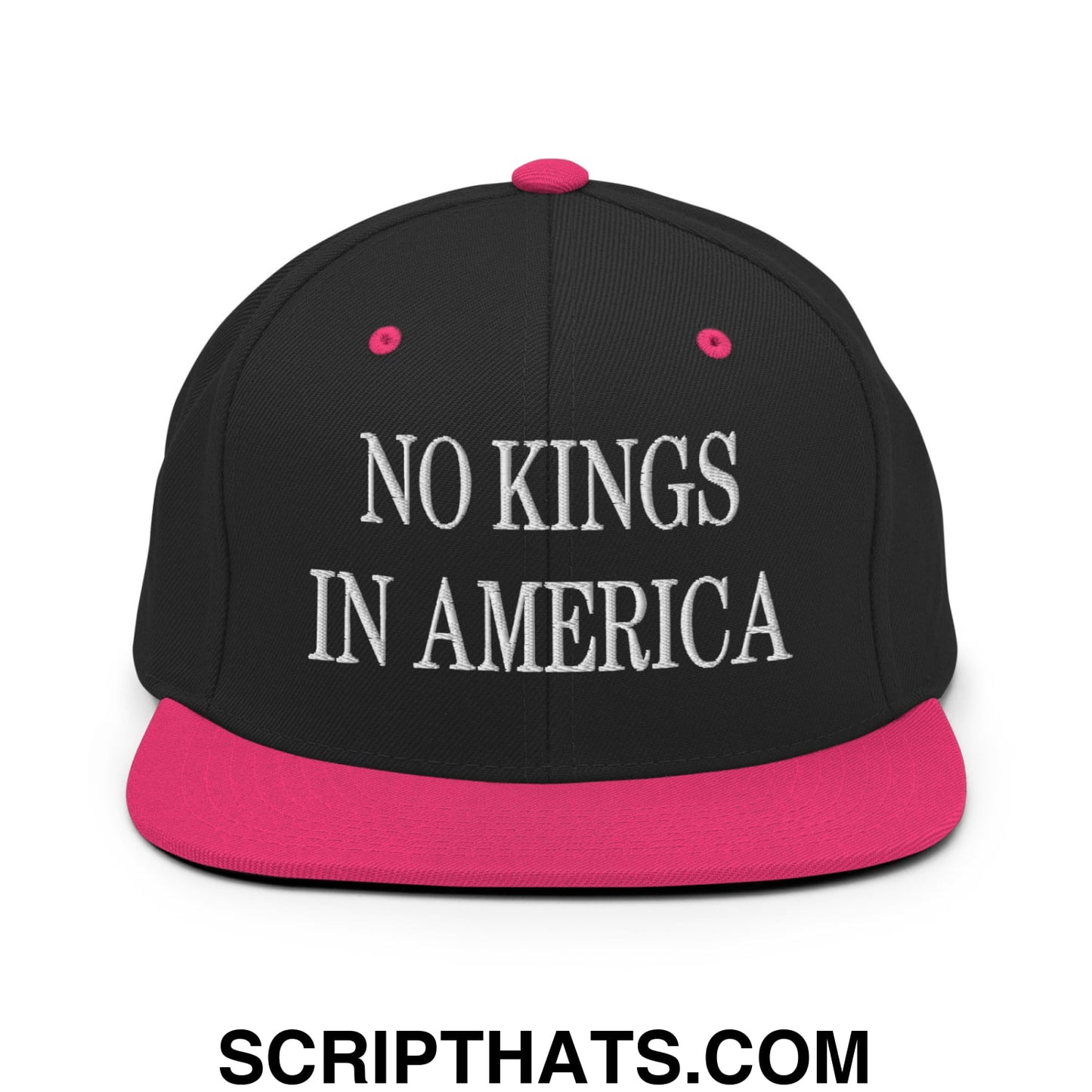 No Kings in America Embroidered Flat Brim Bill Snapback Hat Black Neon Pink